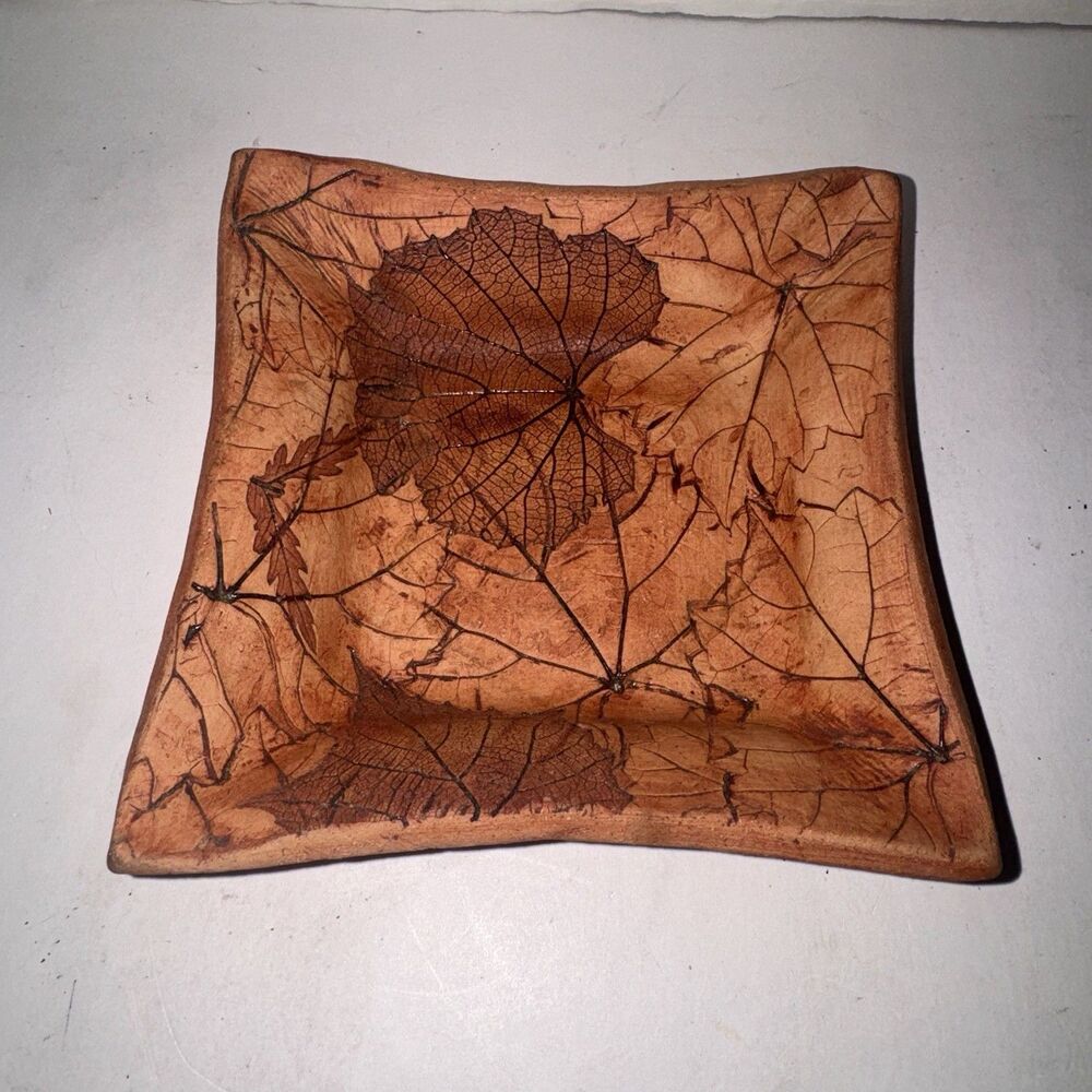 Signed Malabar Pottery Clay Stamped Leaves 5” Square Trinket Dish Plate Florida